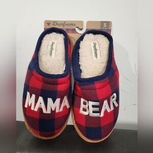NEW Dearfoams Mama Bear Navy/Red Christmas Plaid Women Clog Slippers, Small 5/6